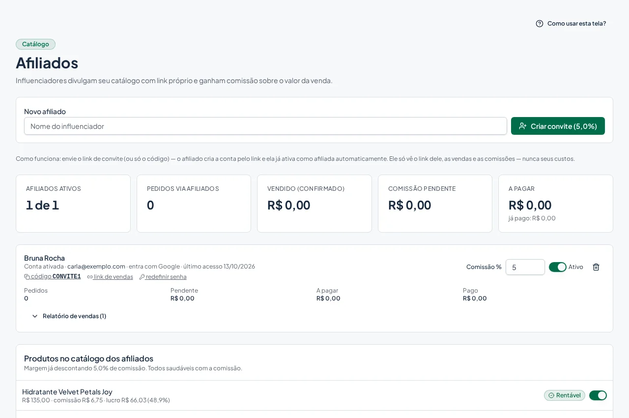 Tela real da Ominex: Painel de afiliados: vendas, comissões pendentes e a pagar, bloqueio, links com seu domínio e redefinição de senha. Nomes fictícios.