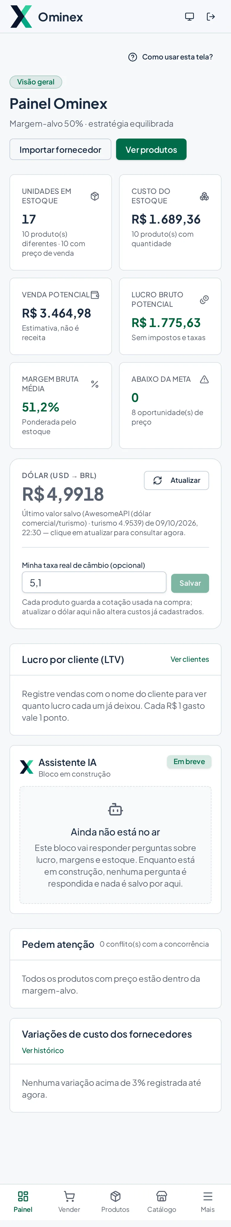 Tela real de Painel da Ominex no celular. Nomes de pessoas fictícios.